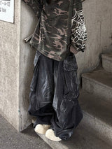 shot crack denim cargo balloon pants
