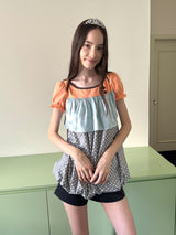UnsocialNight 夏季新作 オリジナルデザイン ドット柄切替 ふんわりバルーン袖 ガーリー花蕾シルエット ワンピース レディース