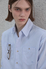 Lettering sleeve striped shirt - Blue