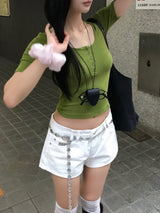 オリーブ ダイアリー ボタン Uネック スリムフィット Tシャツ