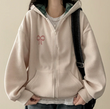 Check lining ribbon fleece hooded zip-up