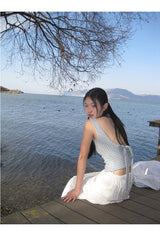 Blue Check Backless Ribbon Sleeveless Tee