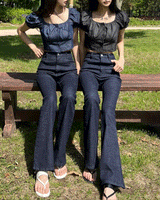 Selvedge denim spandex high waist bootcut pants (Denim)