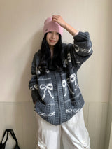Bow Wide Hooded Knitwear Zip-Up Cardigan