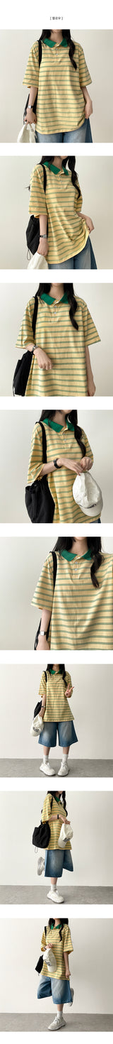 Melba Color Stripe Dangara Collar Short Sleeve Tee