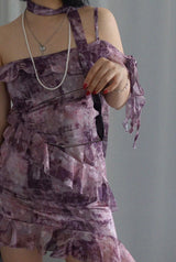 VINTAGE GRUNGE CHIFFON TAIL MINI DRESS WITH TIE SCARF SET
