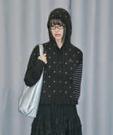 Dot Frill Jacquard Knit Cardigan - BLACK