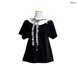 (2color) Check Back Ribbon Off-Shoulder Short Sleeve Tee