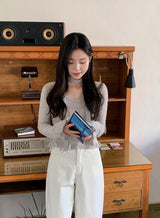 Feminine Frill Wool Crop Knit + Tie Set (3color)