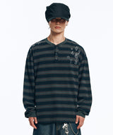 Pigment Stripe Henley Neck Long Sleeve - Charcoal
