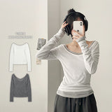 Ad-Spandex High-Neck String Layered Women's Fit Deep V-Neck Long-Sleeved T-Shirt