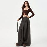 Gray Draped High Waist Wide Leg Slacks