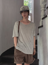 ボニーリネンストライプUネック半袖Tシャツ