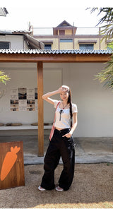 Lace Black Side Shirring Casual Pants