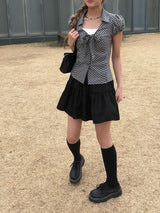 Ession Ribbon Puff V-Neck Check Shirt
