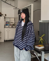 Onz Striped Mohair Knit Hood Zip-Up