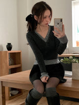 Mix Wool Layered V-neck Button Knit (2color)