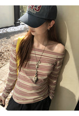burgundy striped off-shoulder long-sleeve t-shirt