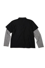 (BASE) レイヤードストライプポロ長袖Tシャツ (ブラック)