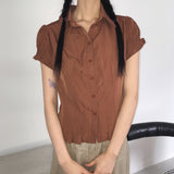 Seren Vintage Pintuck Slit Puff Sleeve Short-Sleeved Shirt