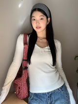 Pearl Bow V-neck V-neck V-neck Long Sleeve T-shirt