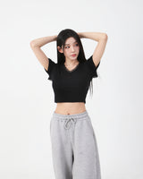 Lace V-neck Crop T-shirt Black