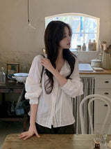 #Frill Collar Strap Puff Long Sleeve Blouse