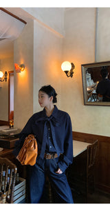 Deep blue bow tie denim shirt