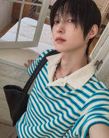 Summer Terry Stripe Collared Short Sleeve Tee