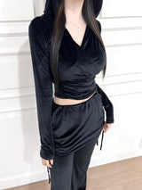 1073. Velvet V wrap hood top (3color)