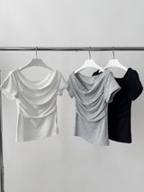 Hand shirring off-shoulder spandex short-sleeved T-shirt
