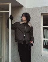[premium] Frame Raccoon Collar Leather Jacket