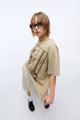 Sound wave artwork damage washing T-shirt (Beige)_1
