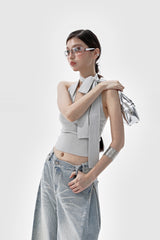 Summon Oak Pure Desire Basic Versatile Thin Short Streamer Slim Halter Backless Knitted Vest for Women