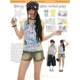 BETWEENAND サマー イエロー ストライプ Vネック スリムフィット ウエストシェイプ ショートスリーブ Tシャツ