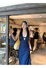 Navy Halterneck Flower Long Dress