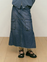 VINTAGE CARGO DENIM LONG SKIRT [DARK BLUE]