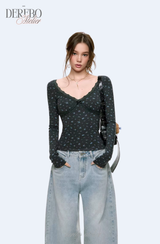 Blue Floral Deep V Long Sleeve T-shirt