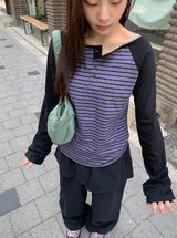 シャバニンストライプヘンリーネック長袖Tシャツ