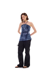 POCKET PRINTING HALTERNECK DRESS / BLUE