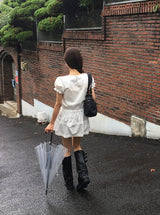 Poly Lace Ribbon Short Sleeve Blouse One Piece