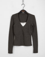 Onco Lace V-neck Wrap Crop Long Sleeve T-Shirt