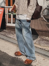 Shell washing wide balloon denim pants