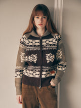 VINTAGE FLOWER KNIT ZIP UP BROWN