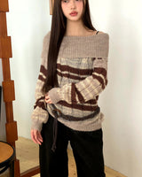 ニアストライプオフショルダーオーバーサイズロングスリーブニット