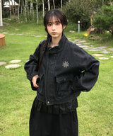 Cropped Flower Logo Black Denim Blouson