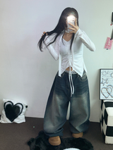 SCARF SET🧸SHRING RUFFLE SLICK POINT SLIM LONG SLEEVE T SHIRT 🧸🤍🖤🩶3COLOR