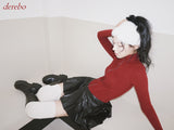 velvet line half-turtleneck zip-up slim top