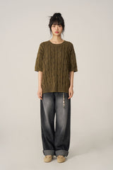 ケーブルウォッシング半袖ニット- Khaki