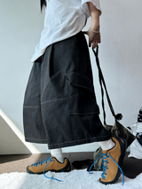 VIVID STITCH BALLOON DENIM BERMUDA 💙🖤🩵2COLOR